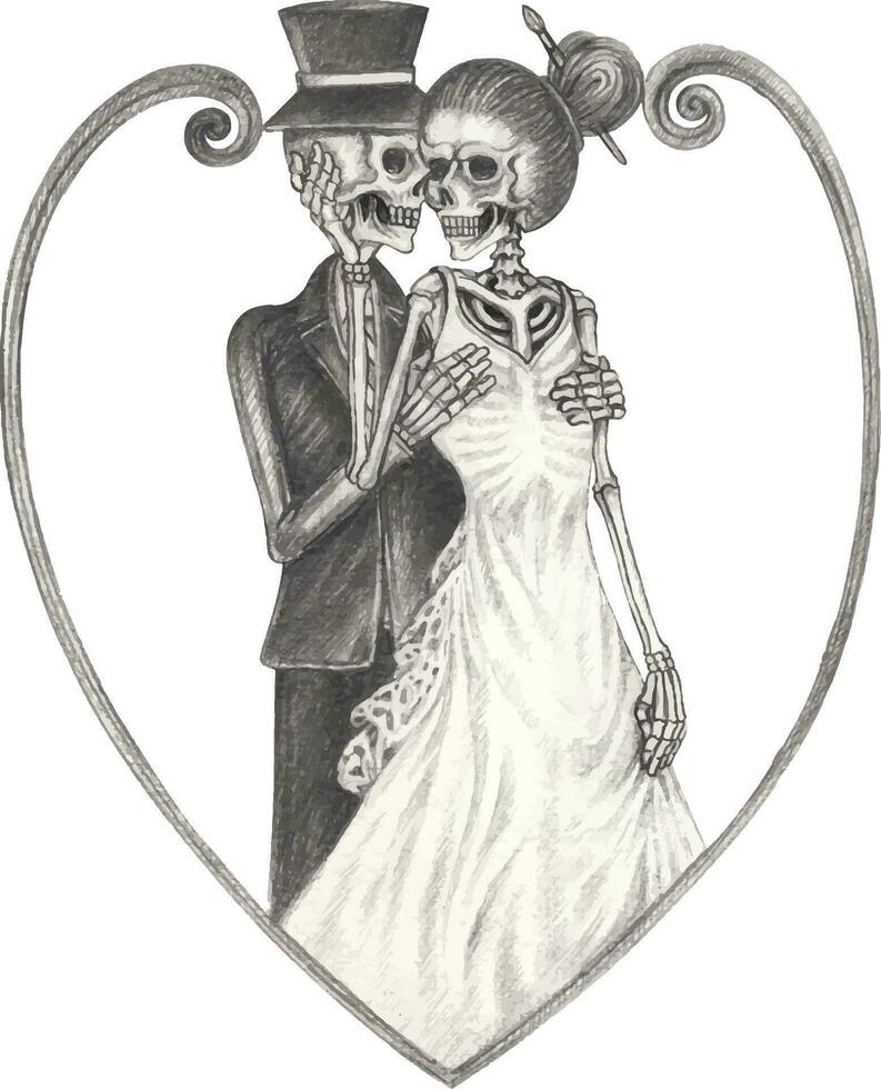 paar in liefde bruiloft schedels. hand- tekening en maken grafisch vector. vector