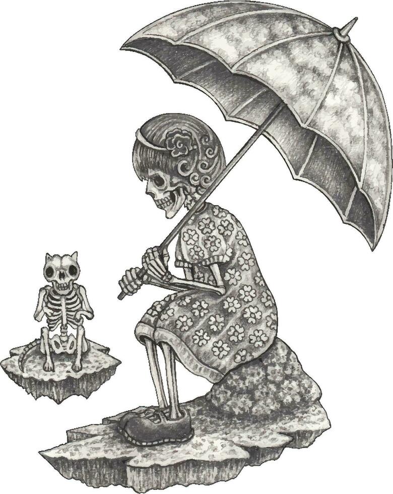 fantasie surrealistische kat en meisje schedel. hand- tekening en maken grafisch vector. vector