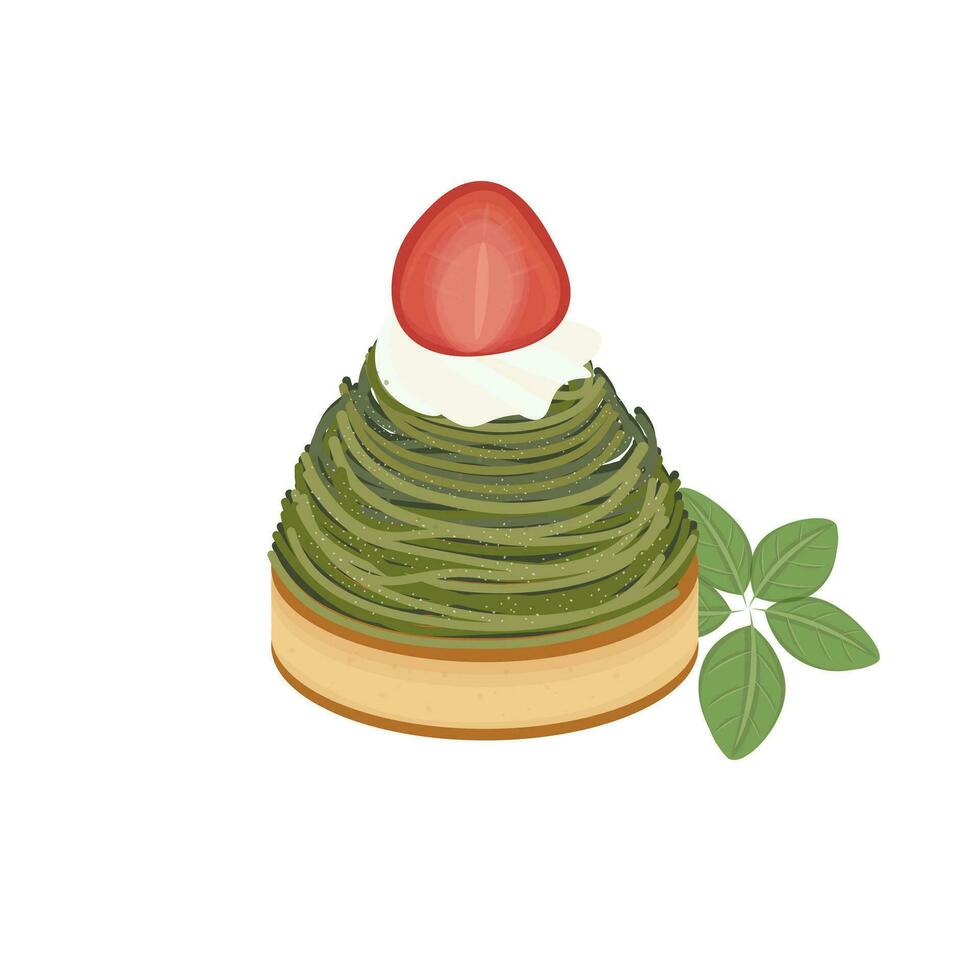 logo illustratie van maand blanc taart matcha smaak met aardbei fruit topping vector