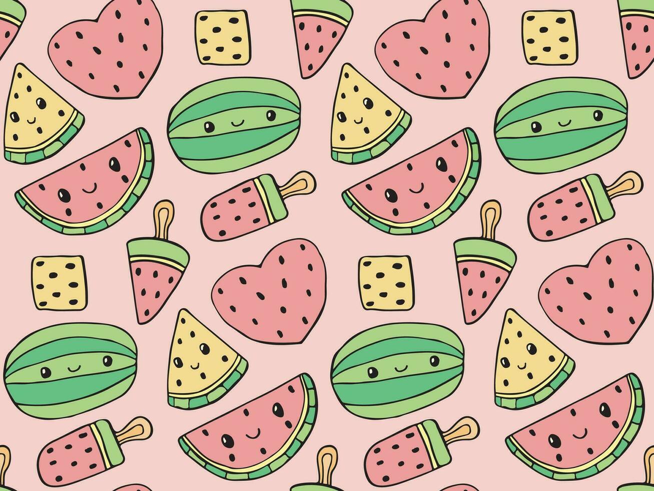 schattig vector watermeloen dag textuur, naadloos zomer tropisch fruit patroon, sappig omhulsel en scrapbooking papier, watermeloen plak en ijs room kleding stof