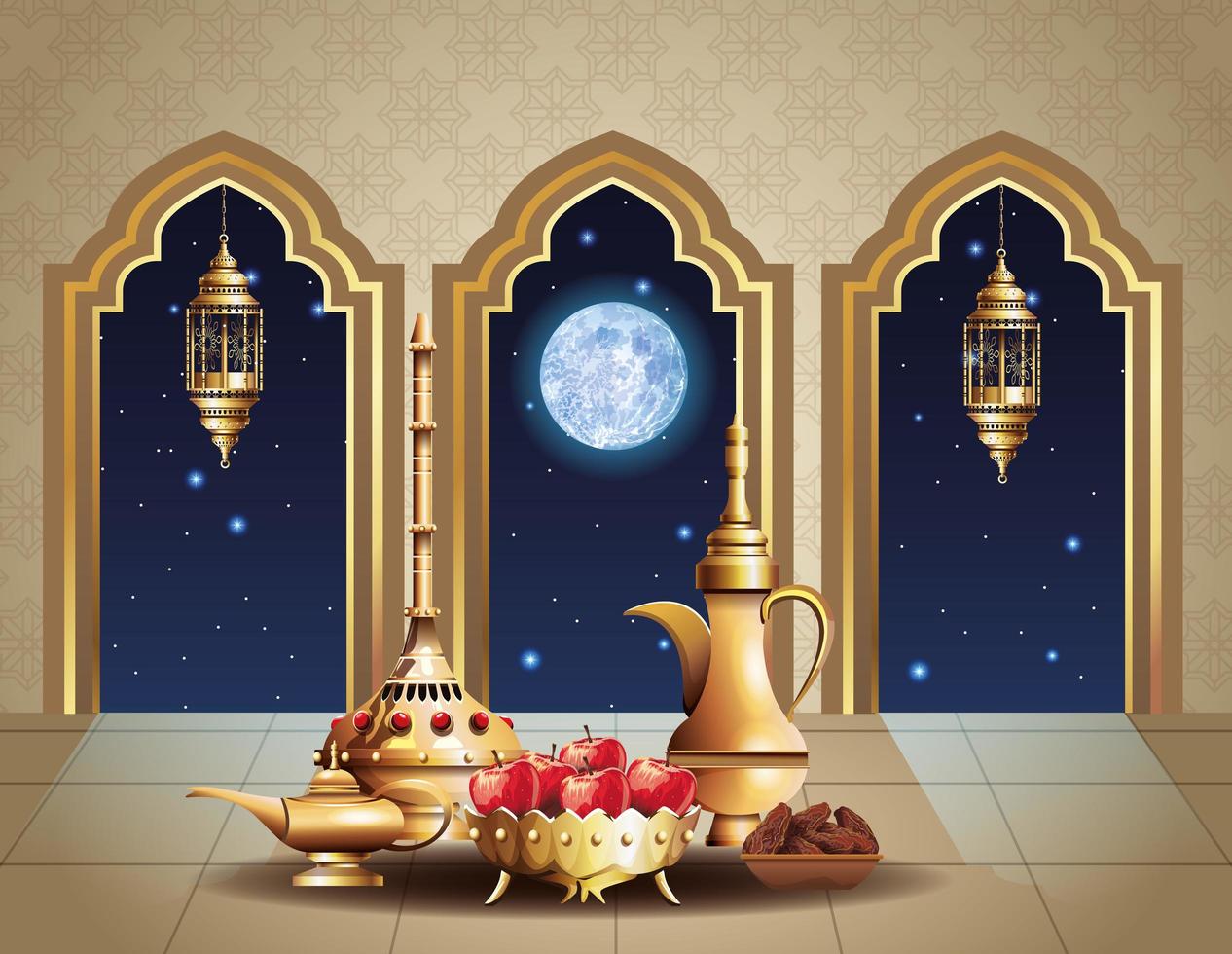 ramadan kareem-viering met tempel binnen en gouden gebruiksvoorwerpen vector