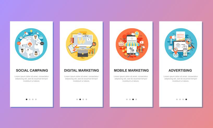Onboarding-schermen voor het concept van mobiele app-sjablonen vector