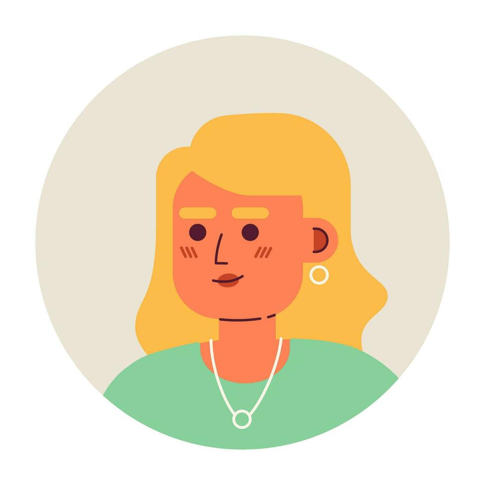 prachtig Kaukasisch blond vrouw semi vlak vector karakter hoofd. dame met lang gekruld haar. bewerkbare tekenfilm avatar icoon. gezicht emotie. kleurrijk plek illustratie voor web grafisch ontwerp, animatie