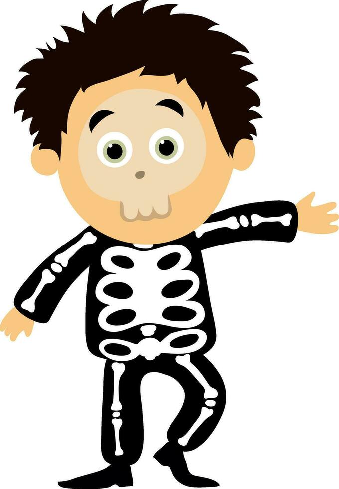 eng jongen in menselijk skelet outfits voor halloween. vector