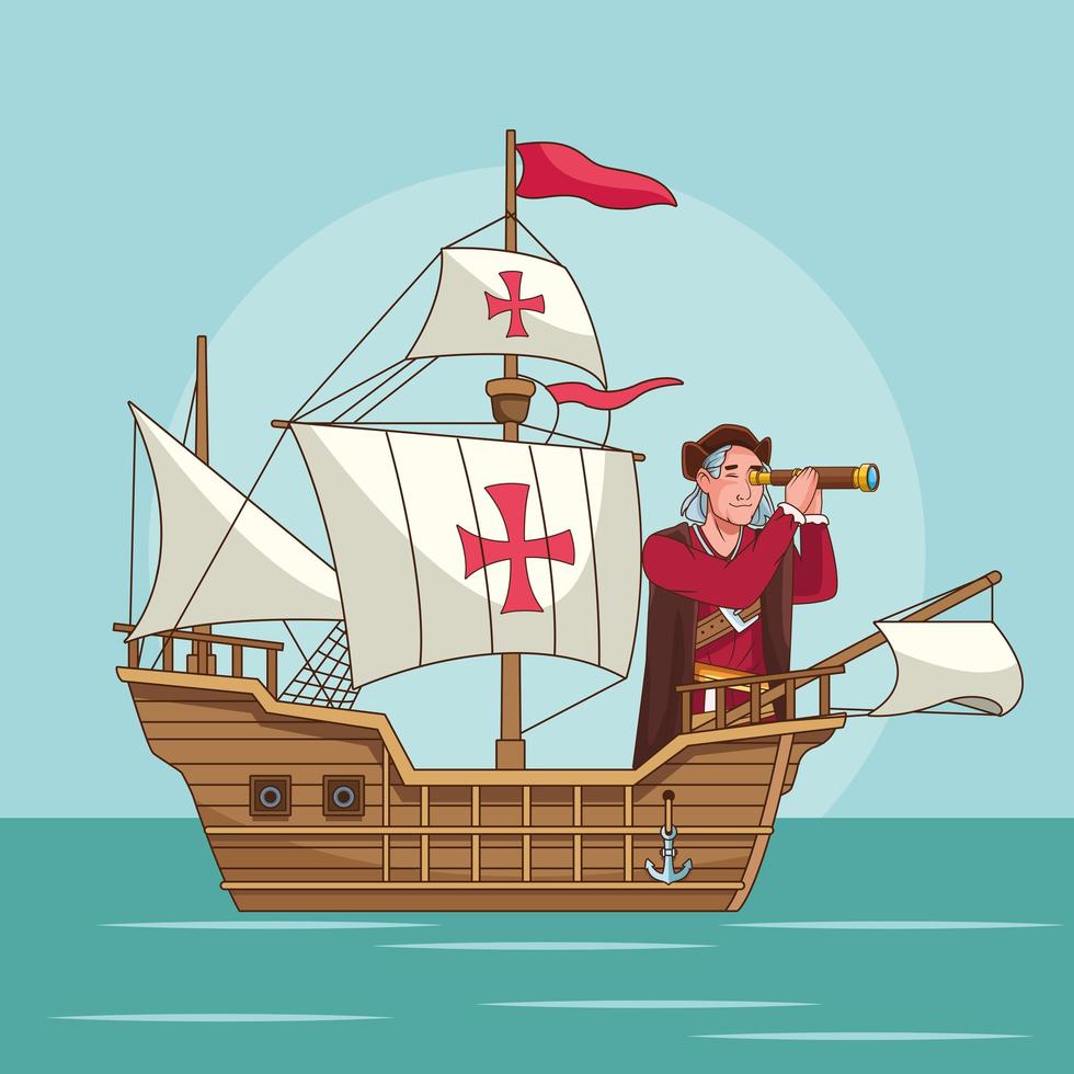 Columbus Day viering van christopher met behulp van telescoop in caravel scene vector