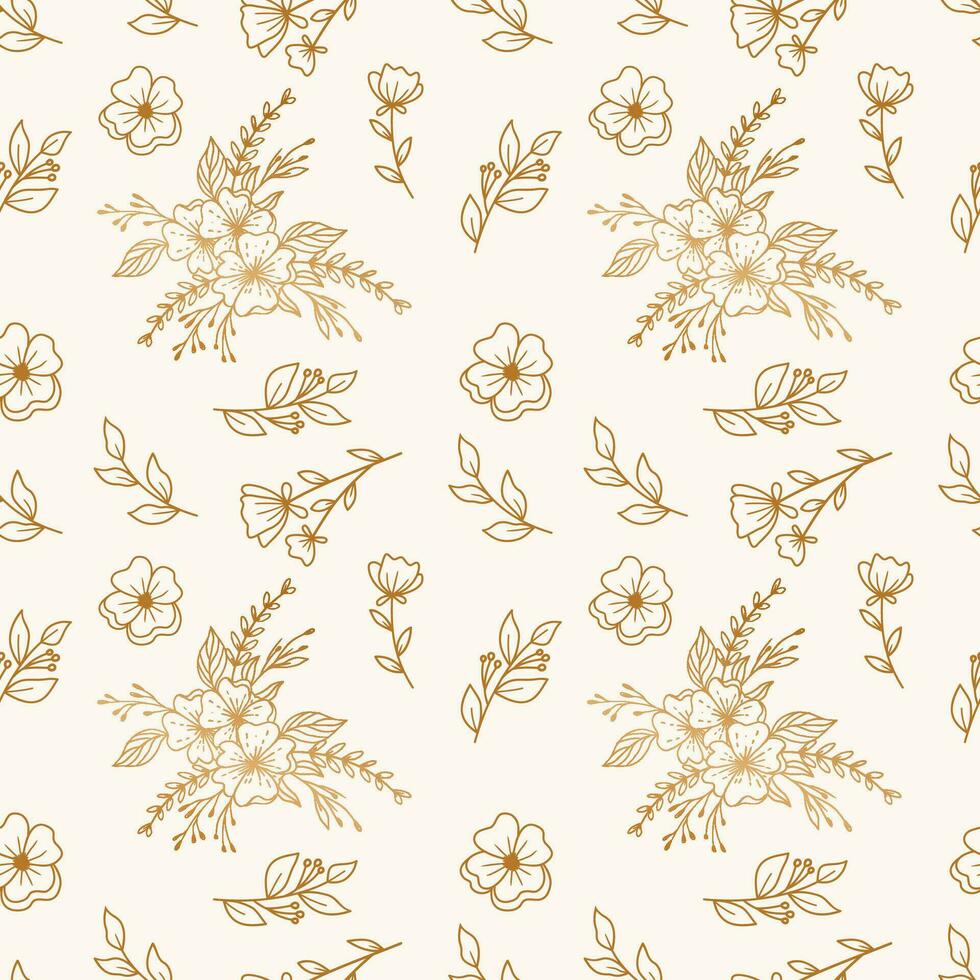 goud hand- getrokken bloemen en bladeren naadloos patronen Aan wit achtergrond vector