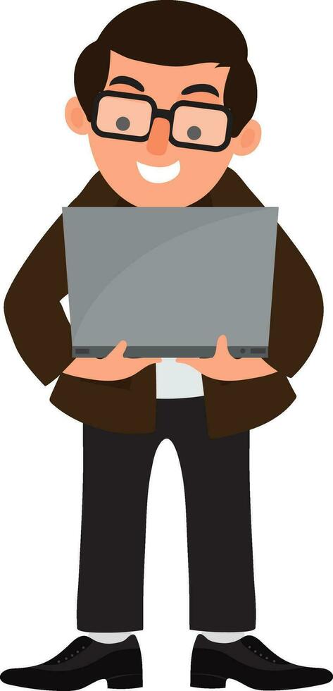 karakter van zakenman Holding laptop. vector