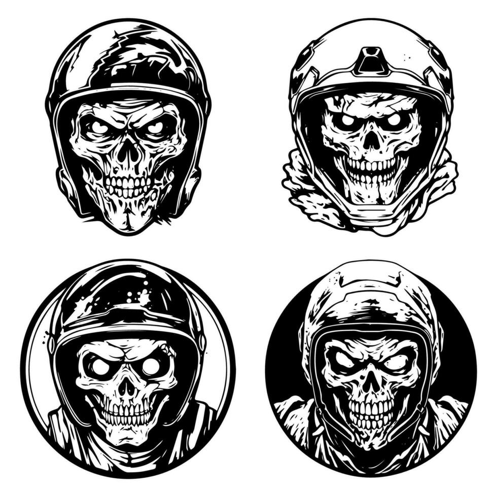 gespannen en intens logo ontwerp illustratie van een schedel zombie vervelend een fietser helm, combineren de elementen van verschrikking en motorfiets cultuur vector