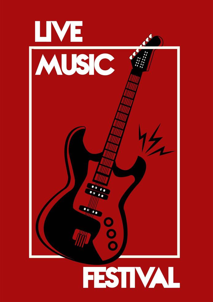 live muziekfestival belettering poster met elektrische gitaar op rode achtergrond vector