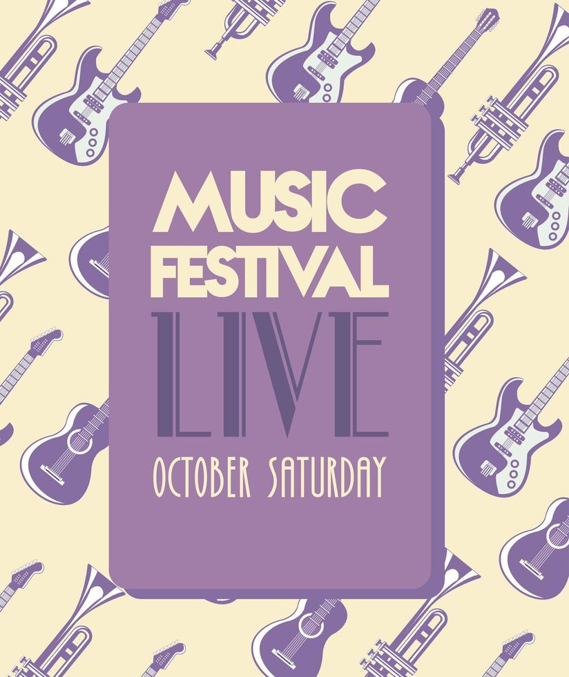 muziekfestival belettering poster met instrumentenpatroon vector