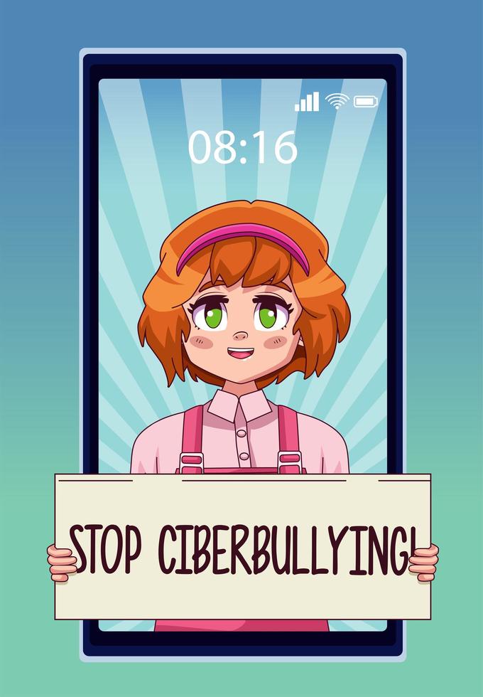 smartphone met tienermeisje optillen stop cyberpesten belettering in banner vector