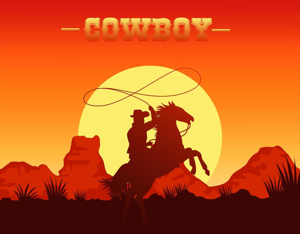 cowboybelettering in de scène van het wilde westen met cowboy-lassoing in paard vector