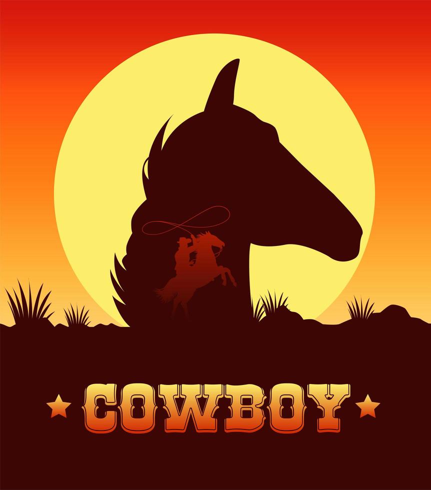 cowboybelettering in de scène van het wilde westen met cowboy lassoing en hoofdpaard vector