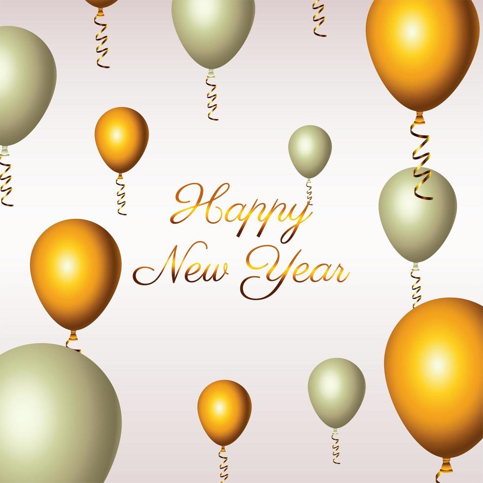 gelukkig nieuwjaar belettering kaart met gouden en witte ballonnen helium vector
