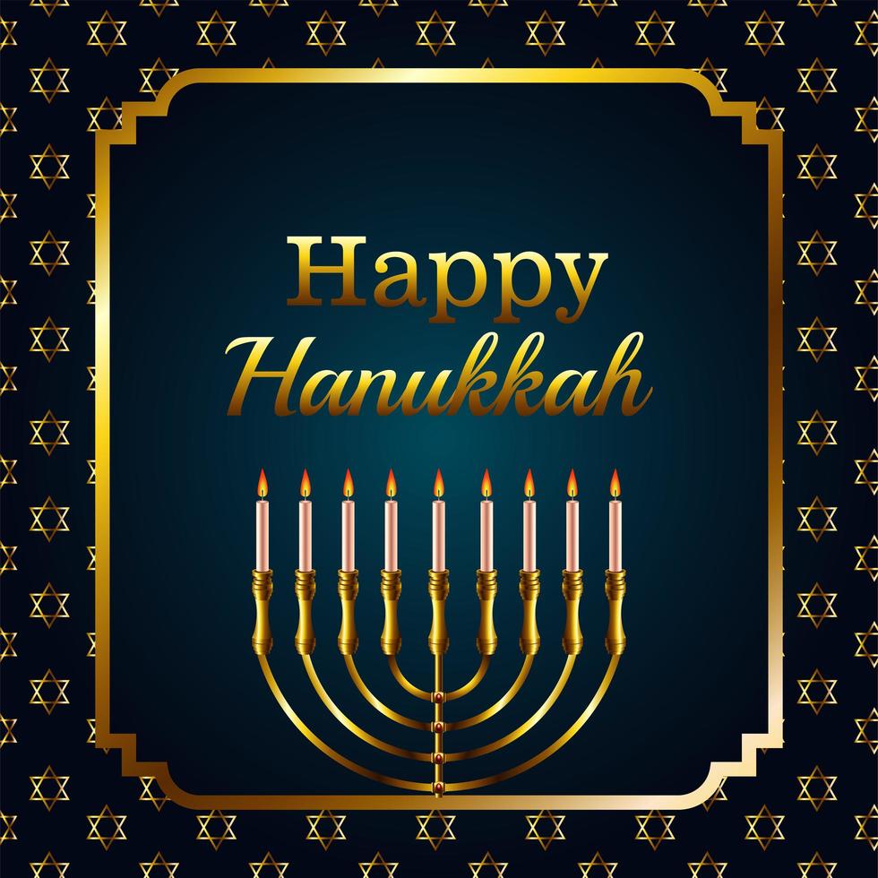 happy hanukkah viering belettering met gouden kroonluchter in vierkant frame square vector