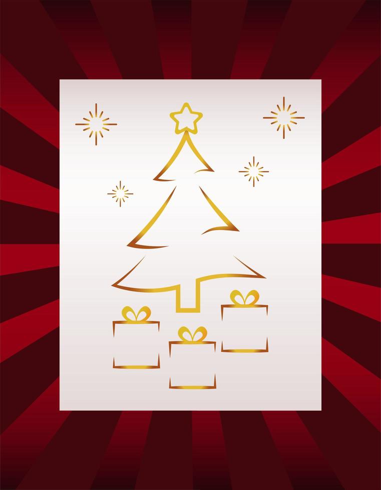 gelukkig vrolijk kerstfeest gouden dennenboom en geschenken vector