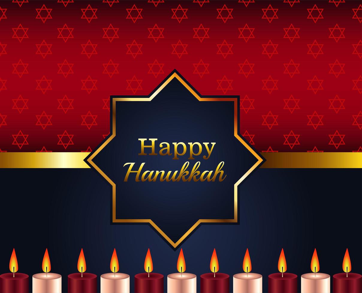 happy hanukkah viering belettering met gouden ster en kaarsen vector