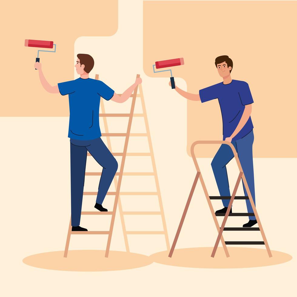 mannen tekenfilms schilderen met roll op ladders vector design