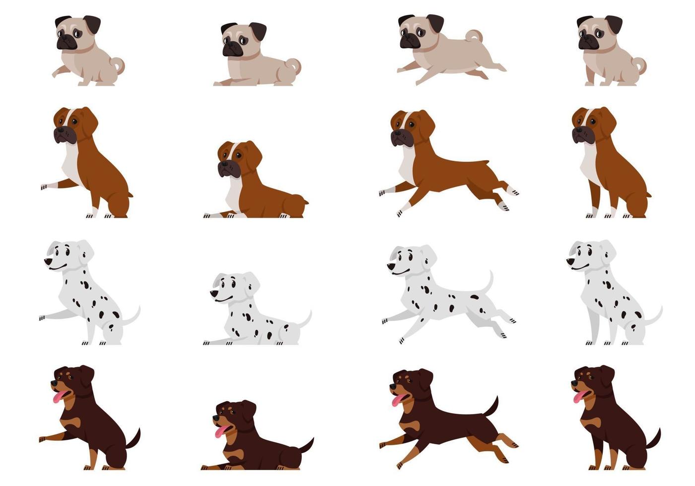 pug boxer hond dalmatiër en rottweiler in verschillende poses vector