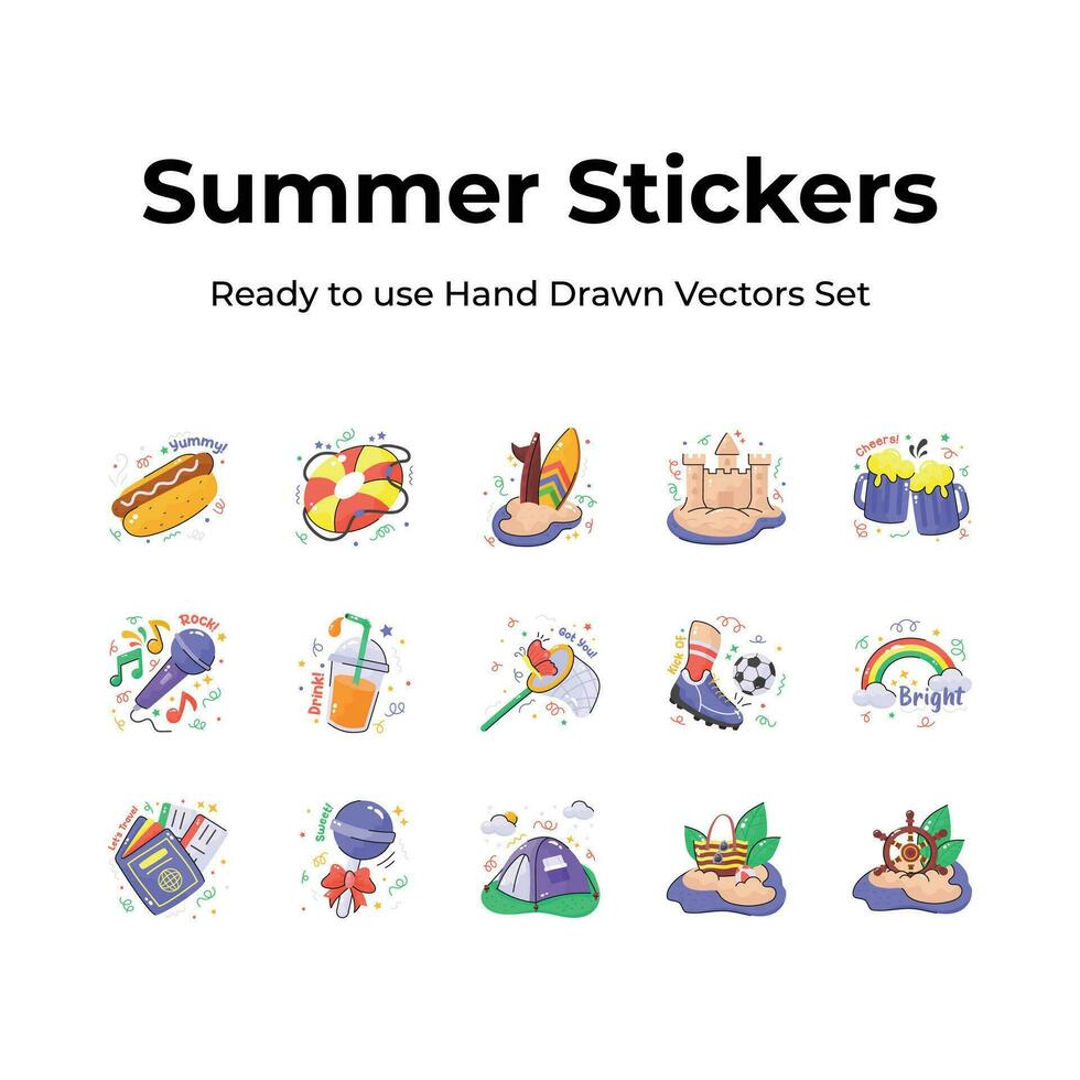 grijp deze prachtig ontworpen hand- getrokken zomer stickers set, klaar naar gebruik en downloaden vectoren