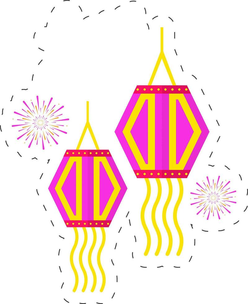 roze en geel zeshoek kandil over- vuurwerk licht Purper achtergrond. vector
