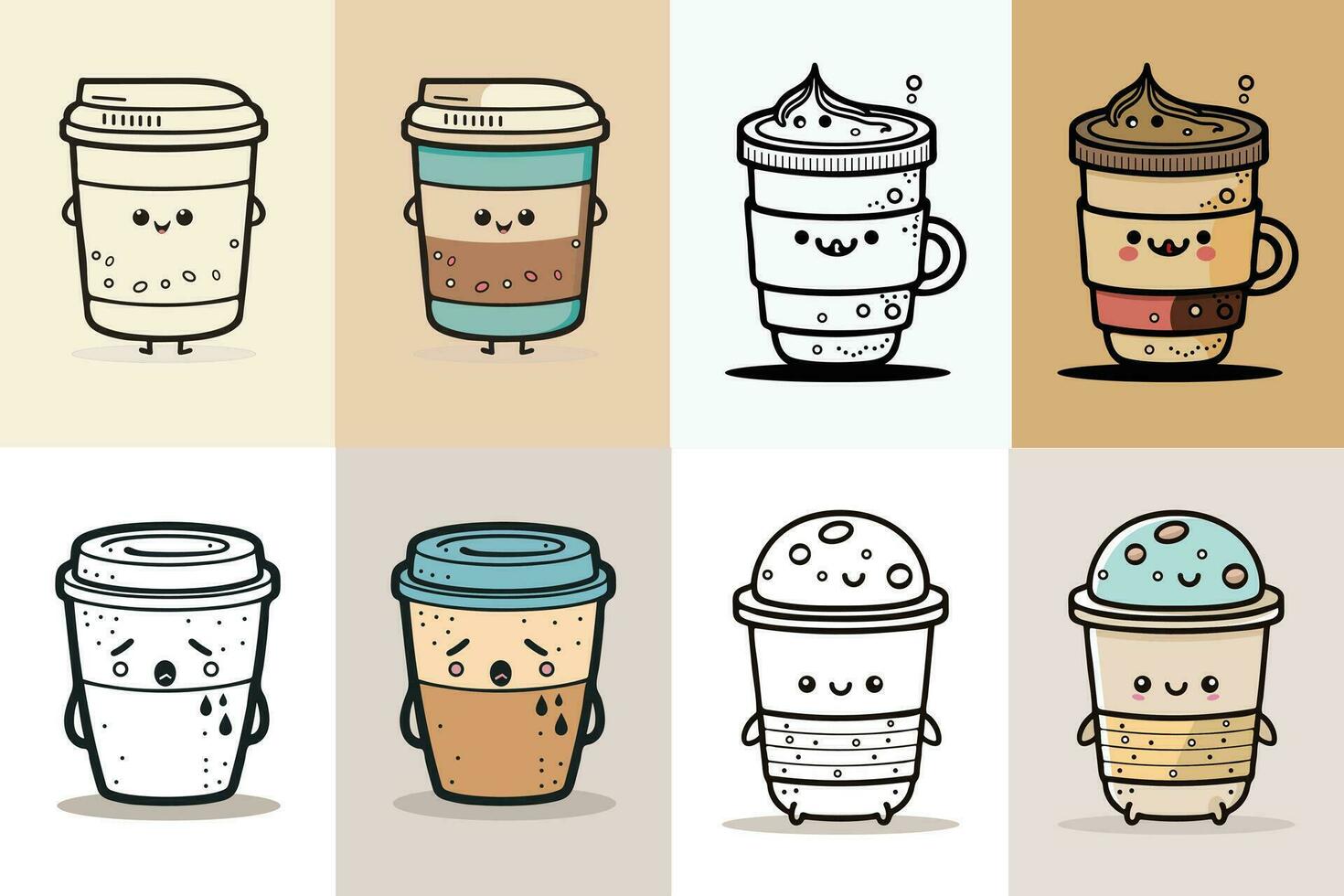 koffie kop logo ontwerp bundel, schattig koffie kop karakter ontwerp bundel, kleurrijk koffie kop icoon ontwerp, voedsel en drinken vector illustratie, lijn kunst koffie kop illustratie