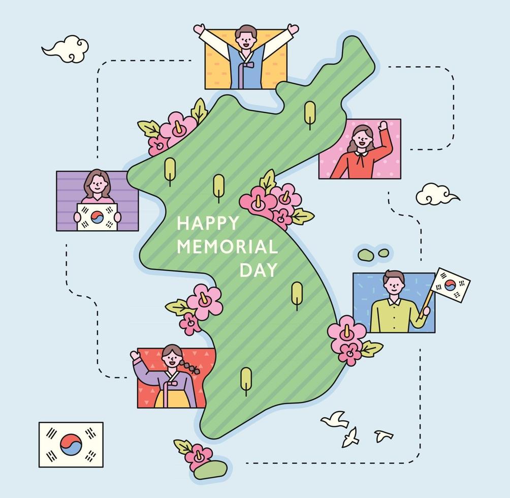 kaart van korea en mensen die onafhankelijkheidsbewegingen doen in verschillende regio's. platte ontwerpstijl minimale vectorillustratie. vector