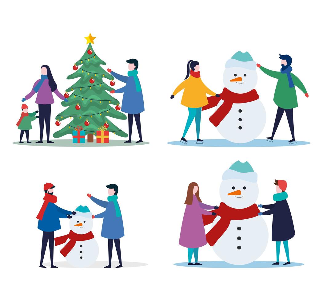 vrolijk kerstfeest familie met dennen, boom, geschenken en sneeuwpop icon set vector design