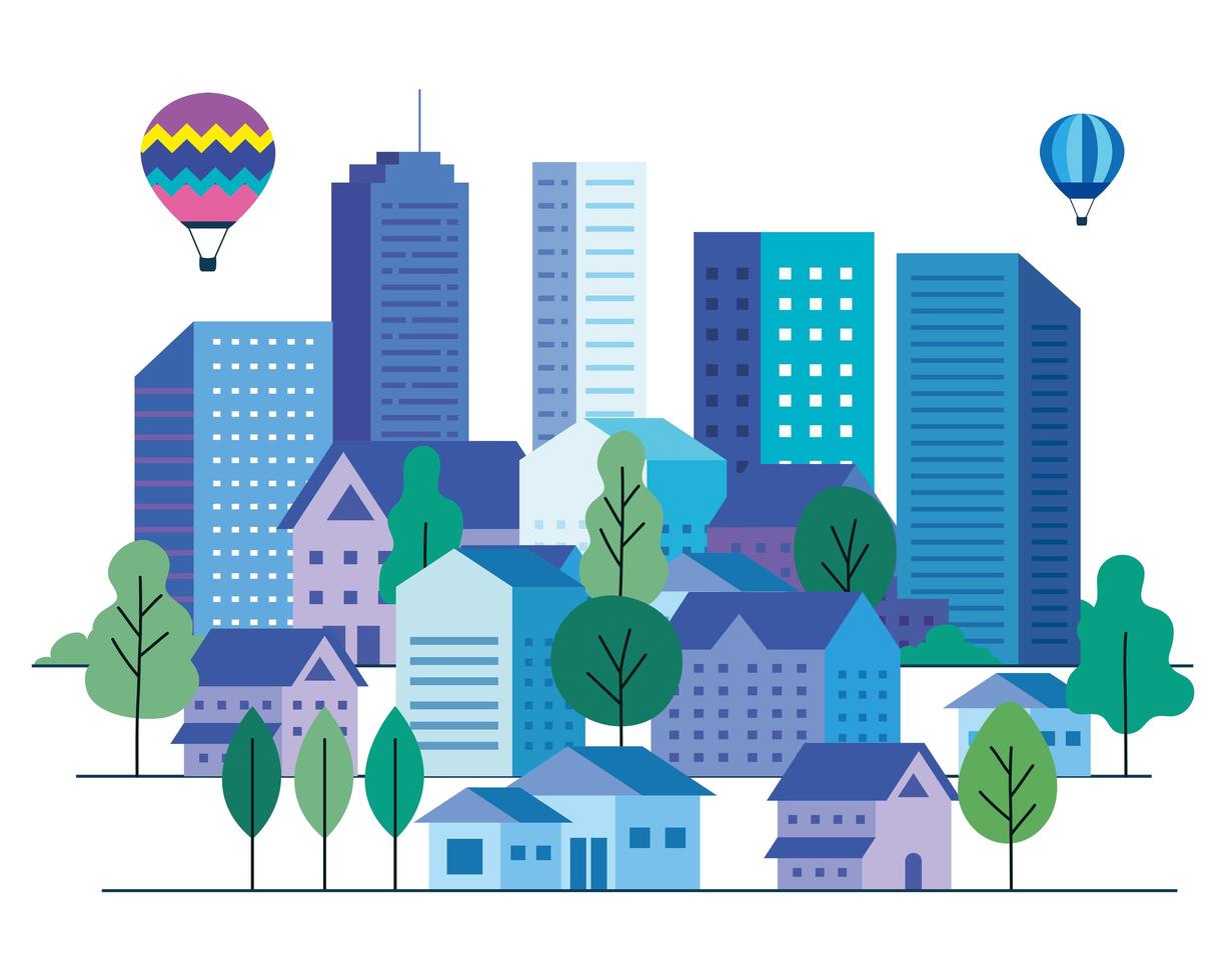 stadslandschap met gebouwen, huizen, heteluchtballonnen en bomen vectorontwerp vector