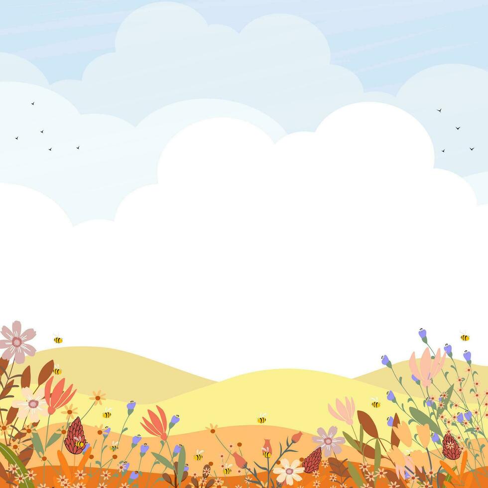 herfst achtergrond, herfst landschap met bloemen, berg, blauw lucht en wolken, horizon vallen landschap landelijk in platteland, vector illustratie schattig tekenfilm banier voor oogst of dankzegging festival