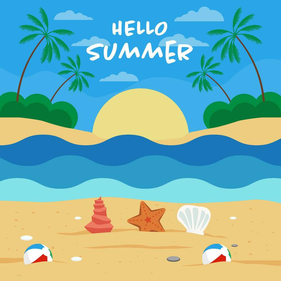 vlak ontwerp vector Hallo zomer Aan de strand met zeester, schelp, slippers, en ballen
