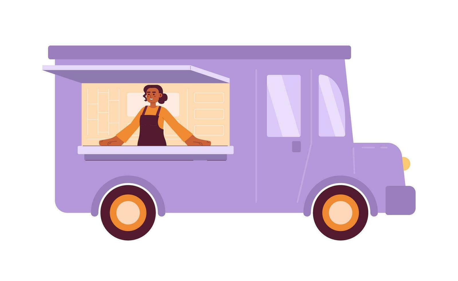 gelukkig meisje in voedsel vrachtauto semi vlak kleurrijk vector karakter. bewerkbare voor de helft lichaam Kaukasisch Koken persoon en verkoop voedsel Aan wit. gemakkelijk tekenfilm plek illustratie voor web grafisch ontwerp