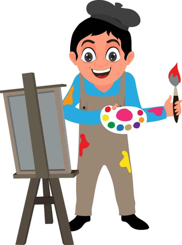jongen Holding schilderij borstel met kleurrijk palet en staand canvas. vector