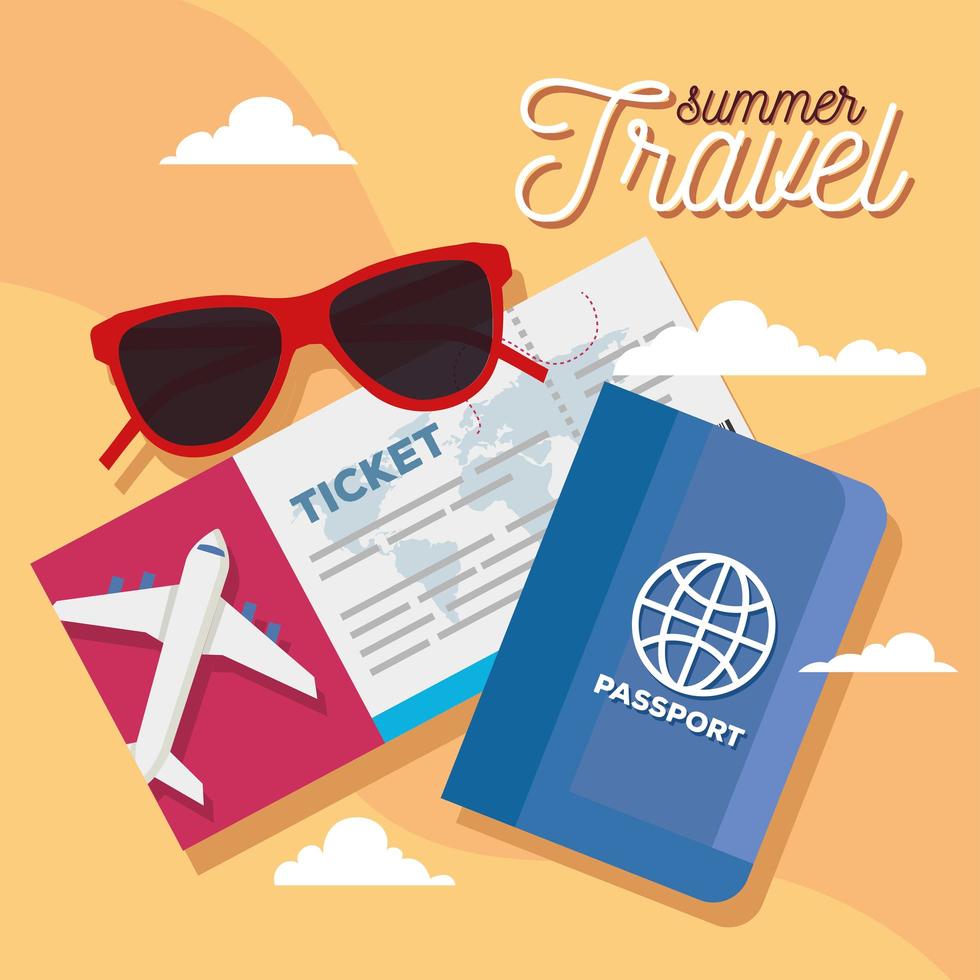 zomer- en reiskaartje, bril en paspoort vectorontwerp vector