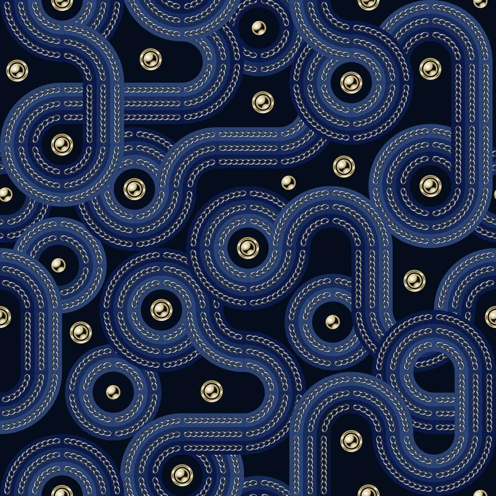 retro jaren 70 meetkundig naadloos patroon met blauw wijnoogst kleur lijnen met kettingen en goud kralen. gestreept abstract Jaren 70 kleurrijk achtergrond. vector