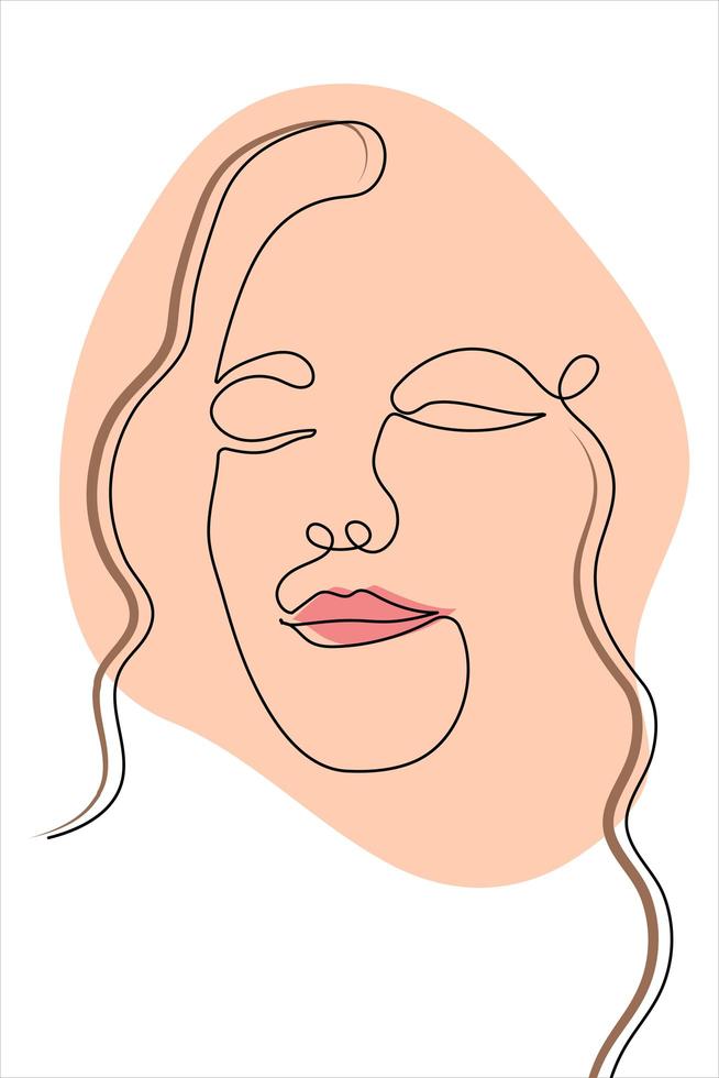 lijn kunst vrouw gezicht doodle illustratie. gesloten ogen continu overzicht close-up vrouwelijk portret met abstracte vorm vector