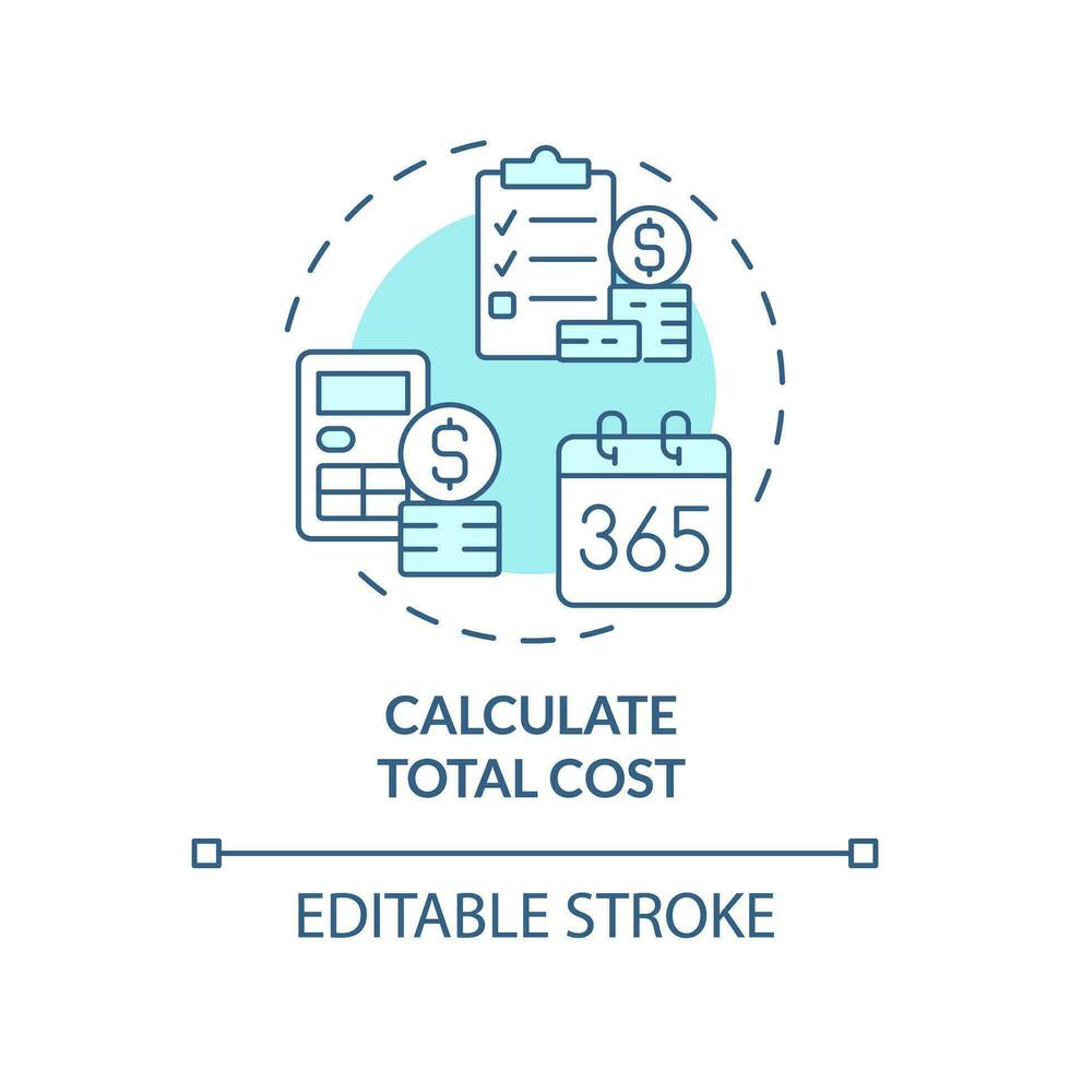 berekenen totaal kosten turkoois concept icoon. financieel planning. besparing geld. financiën analyse. begroting beheer abstract idee dun lijn illustratie. geïsoleerd schets tekening. bewerkbare beroerte vector