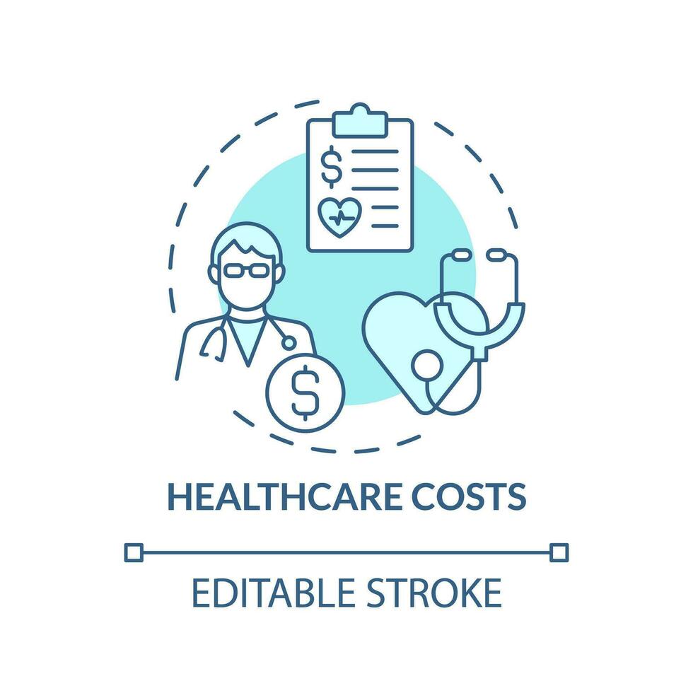 gezondheidszorg kosten turkoois concept icoon. medisch zorg. Gezondheid verzekering. drug recept. standaard- van leven abstract idee dun lijn illustratie. geïsoleerd schets tekening. bewerkbare beroerte vector
