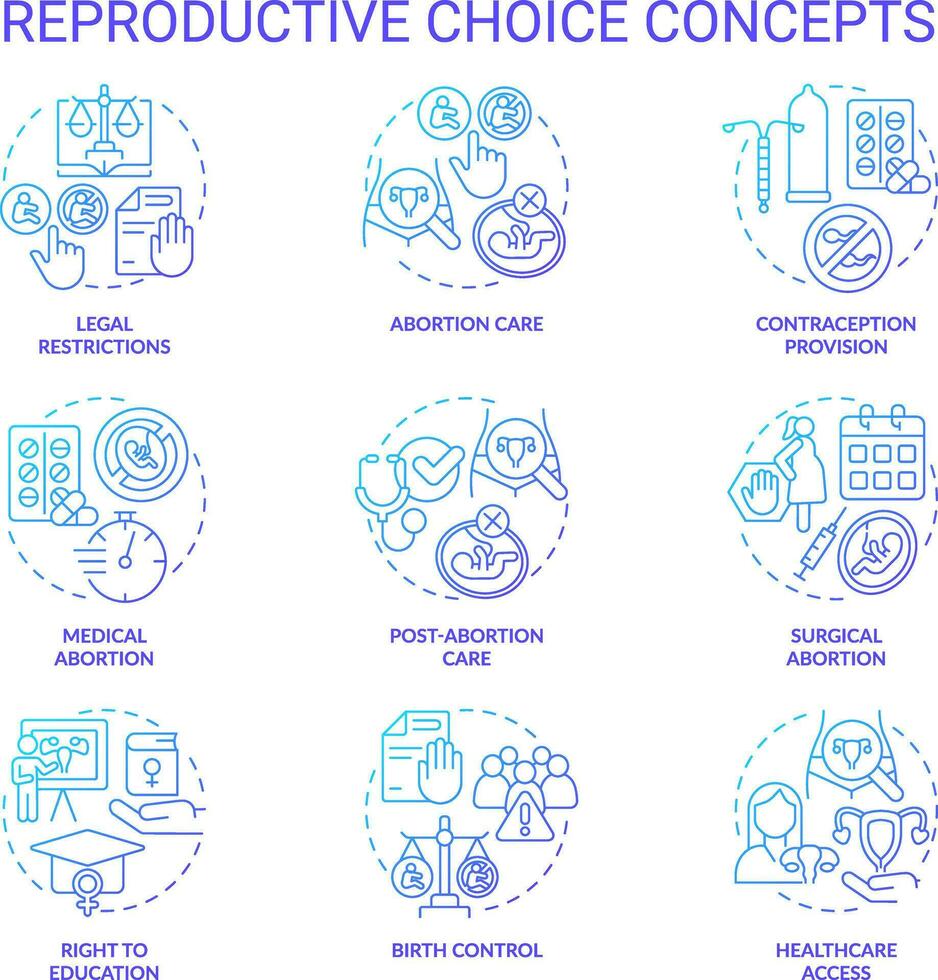 voortplantings- keuze blauw helling concept pictogrammen set. vrouw machtiging. seksueel Gezondheid. sociaal gerechtigheid. geboorte controle. mijn lichaam. vrouwen Rechtsaf idee dun lijn kleur illustraties. geïsoleerd symbolen vector