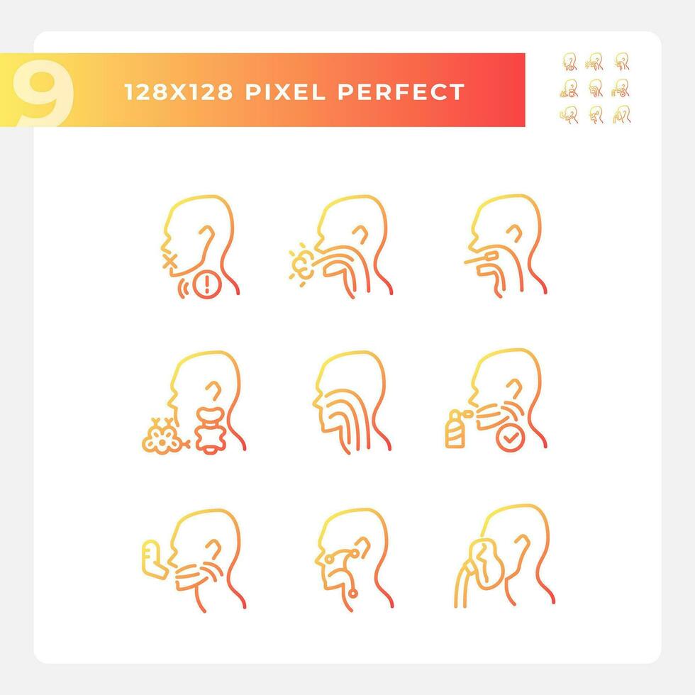 keel probleem diagnostiek pixel perfect helling lineair vector pictogrammen set. verschillend ziekten van menselijk slokdarm. dun lijn contour symbool ontwerpen bundel. geïsoleerd schets illustraties verzameling