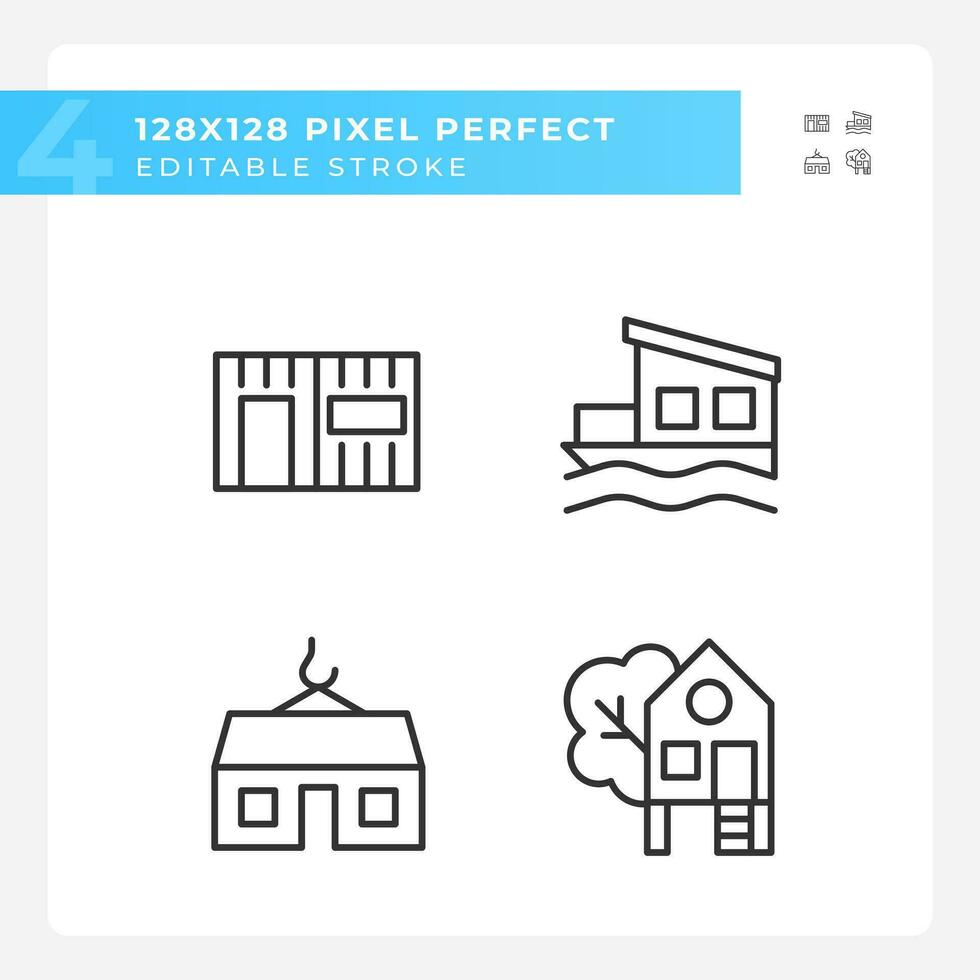 compact huizen pixel perfect lineair pictogrammen set. modulair en houder huizen. boomhut voor recreatie. aanpasbare dun lijn symbolen. geïsoleerd vector schets illustraties. bewerkbare beroerte