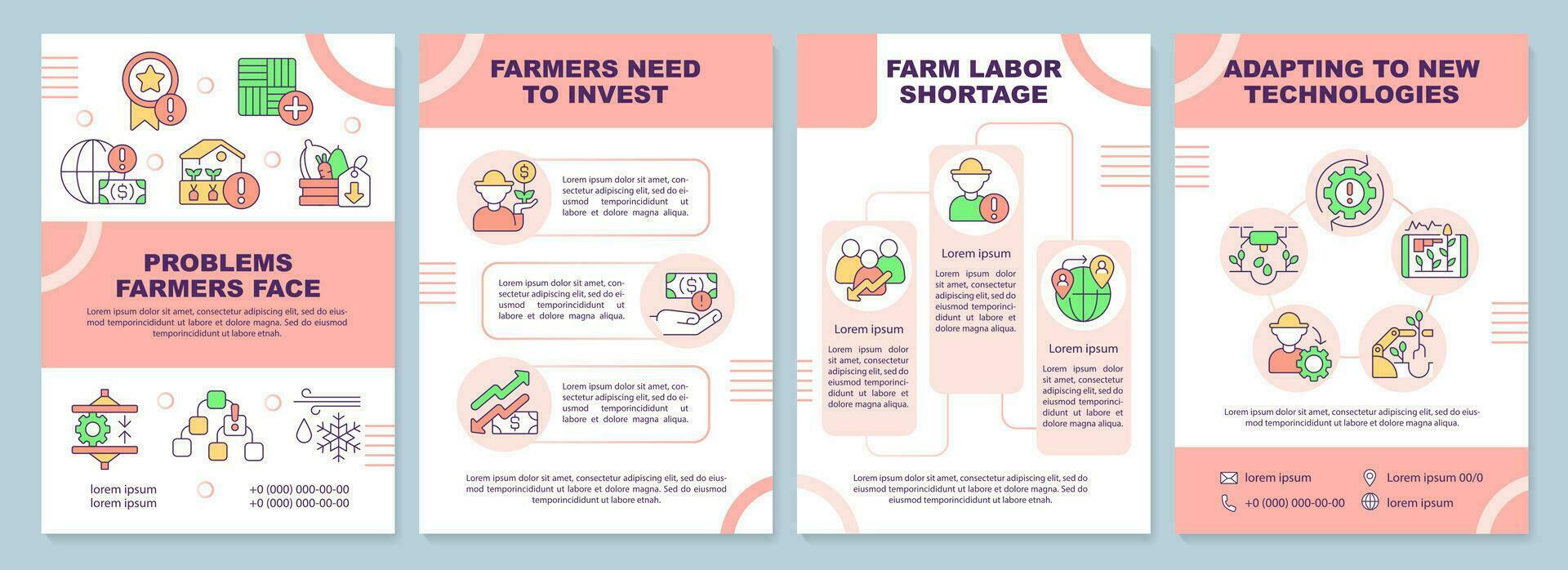 problemen boeren gezicht rood brochure sjabloon. agro uitdagingen. brochure ontwerp met lineair pictogrammen. bewerkbare 4 vector indelingen voor presentatie, jaar- rapporten