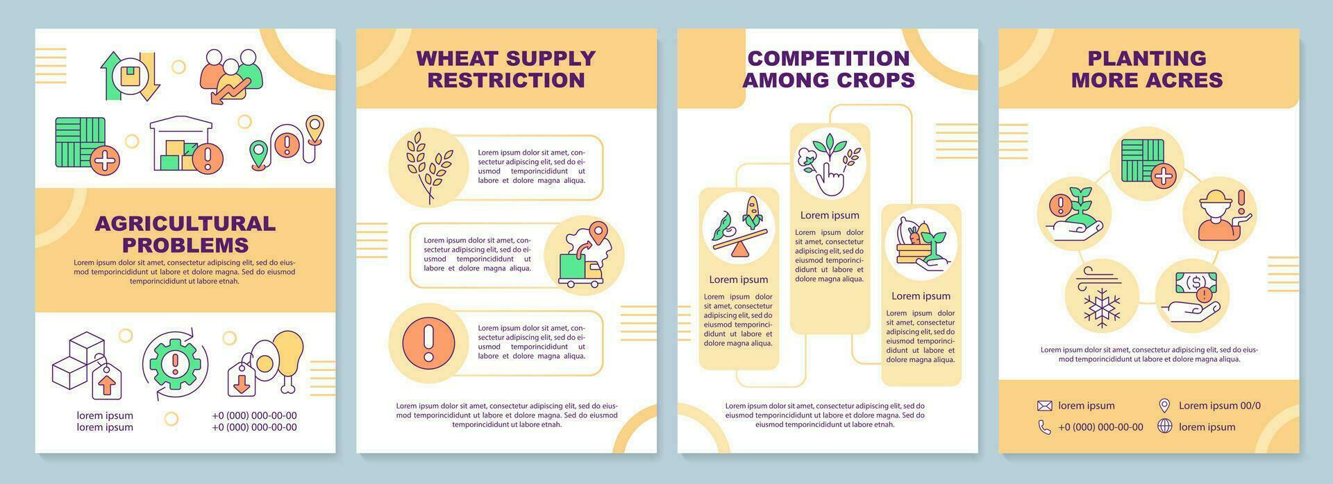 agrarisch problemen oranje brochure sjabloon. boerderij problemen. brochure ontwerp met lineair pictogrammen. bewerkbare 4 vector indelingen voor presentatie, jaar- rapporten