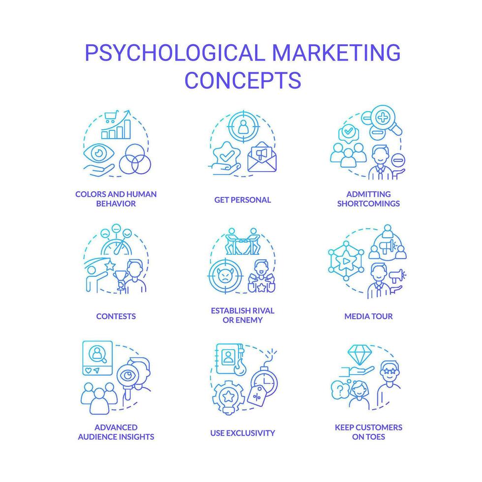 psychologisch afzet strategieën concept blauw helling pictogrammen set. consumenten retentie idee dun lijn kleur illustraties. geïsoleerd symbolen vector