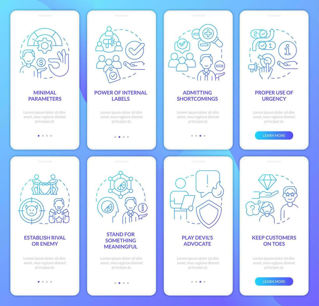 psychologisch afzet blauw helling onboarding mobiel app scherm set. walkthrough 4 stappen grafisch instructies met lineair concepten. ui, ux, gui sjabloon vector