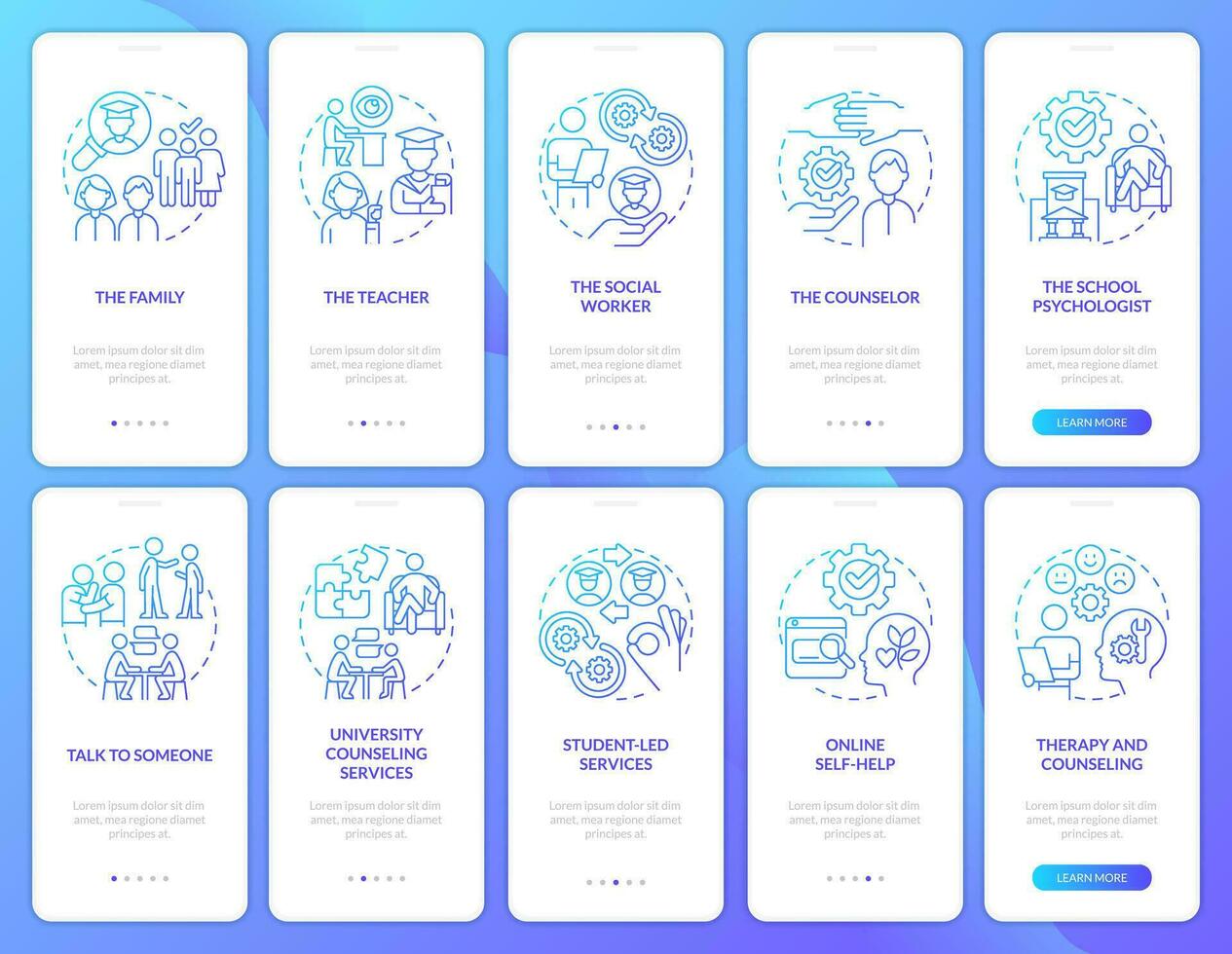 beschermen leerling mentaal Gezondheid blauw helling onboarding mobiel app scherm set. walkthrough 5 stappen grafisch instructie met lineair concepten. ui, ux, gui sjabloon vector