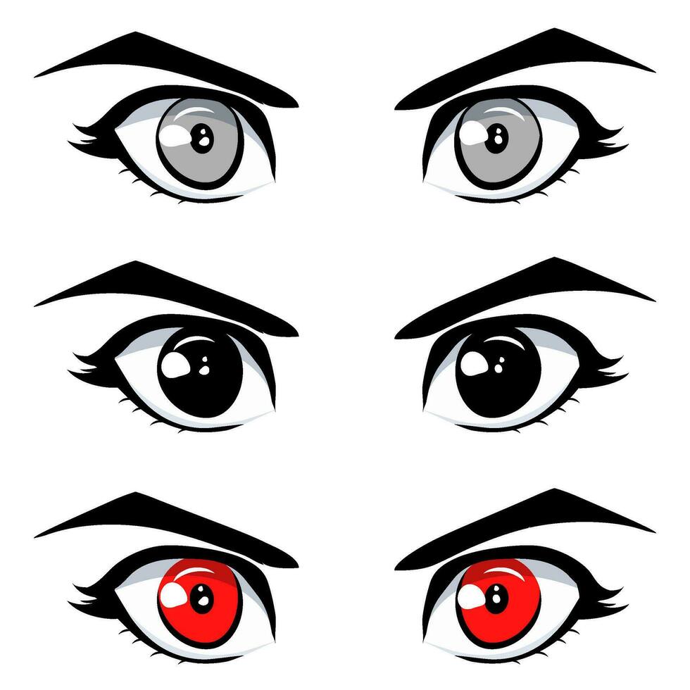 reeks van rood, zwart en grijs gekleurde ogen met anime stijl wenkbrauwen. vector