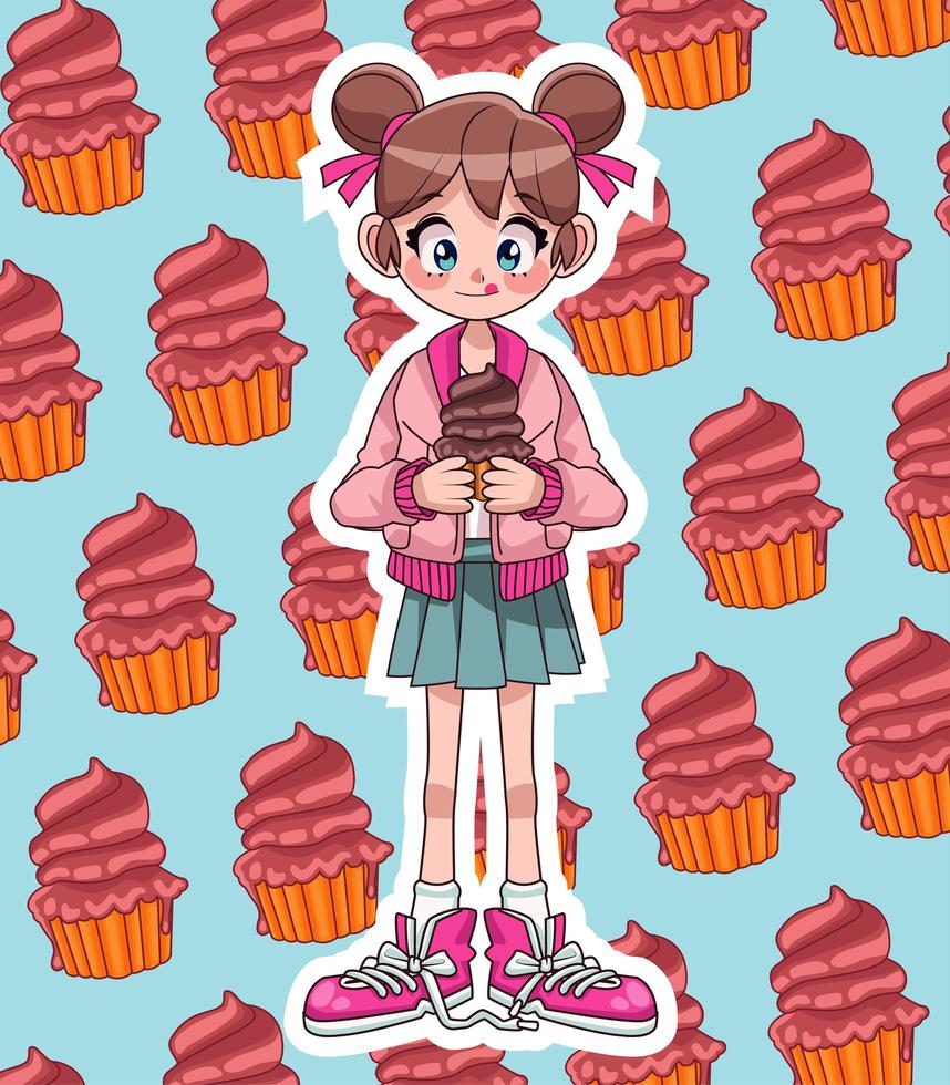 jong tienermeisje dat cupcake anime-personage eet vector