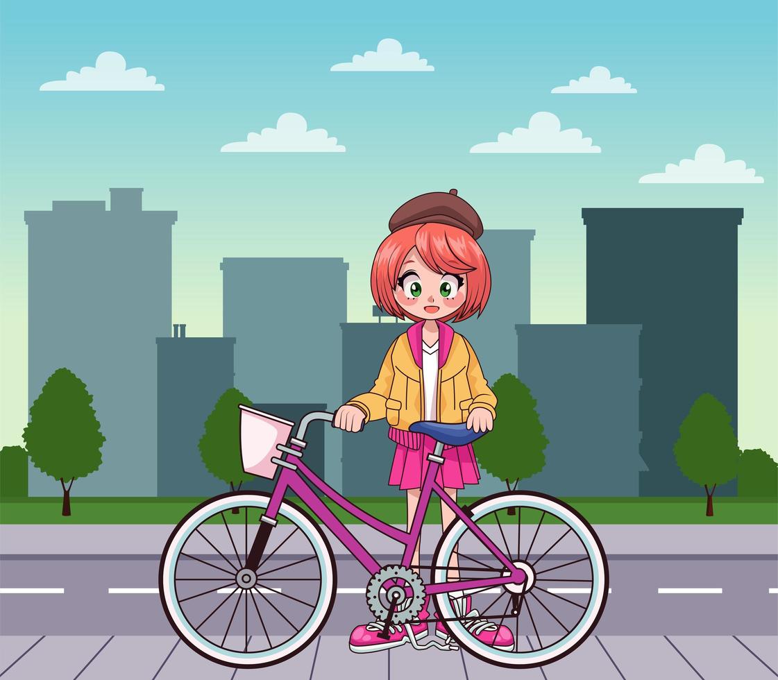 jong tienermeisje in fiets anime karakter op de stad vector