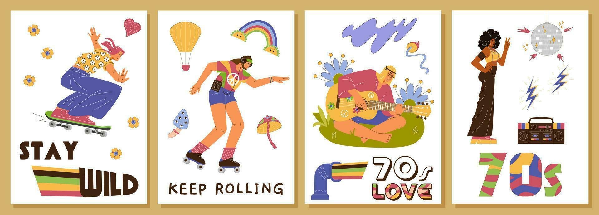 jaren 70 stijl posters met vector retro illustraties. wijnoogst prints met mensen van de jaren 70. hippies, disco danser, rol schaatser karakters.